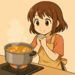 煮立った鍋を見る女の子のイラスト