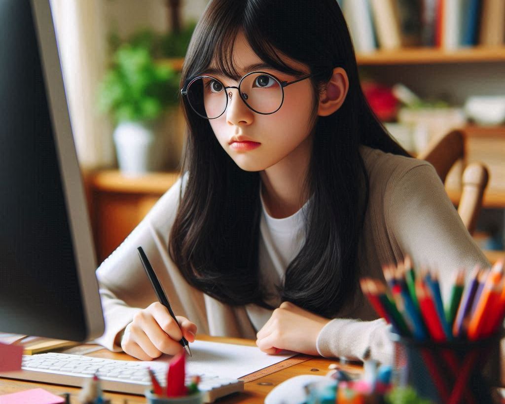 モニタを見る女子